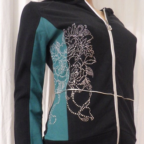 NWT BCBG sz SMALL MED LG XL 95% cotton TEAL BLK COLORBLOCK STUDDED 2PC TRACKSUIT - Picture 3 of 14